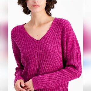 Eileen Fisher Ribbed V Neck Sweater Raspberry Pink Linen Cotton Blend Size XXS